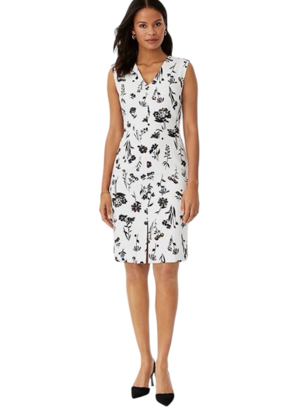 NWT Ann Taylor Floral Sheath Dress Size 12 White Black V-Neck Work Office Midi